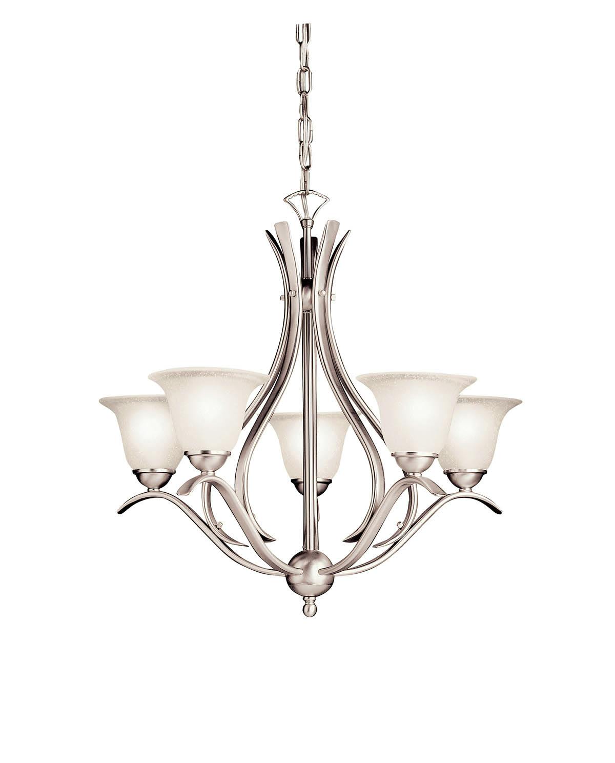 The Dover 23" 5 light chandelier Nickel on a white background