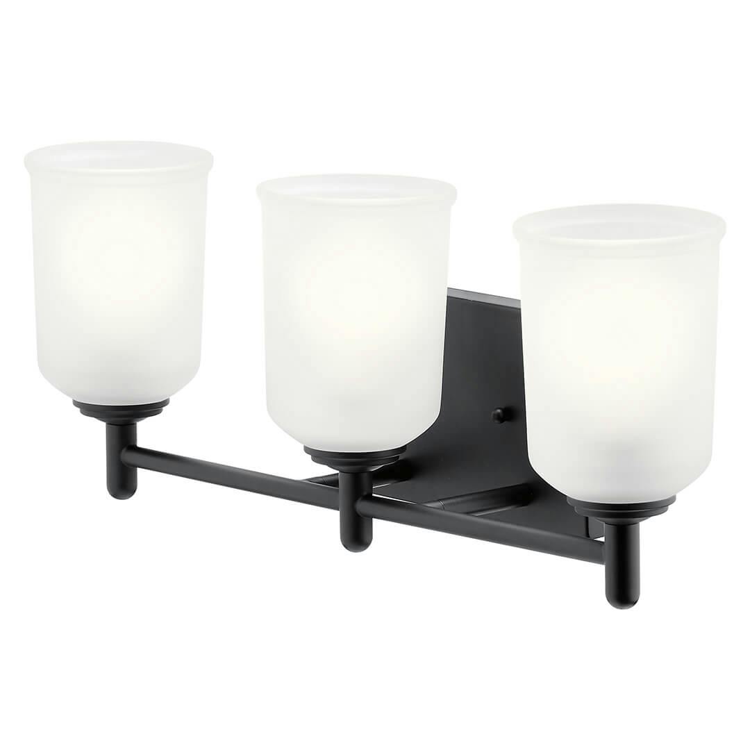 Shailene 21.25 inch 3 Light Vanity Light with Satin Etched Glass in Black on a white background