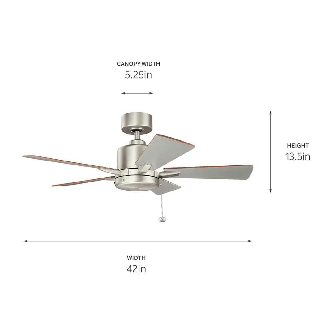Bowen 42" Fan Brushed Nickel with dimensions on a white background