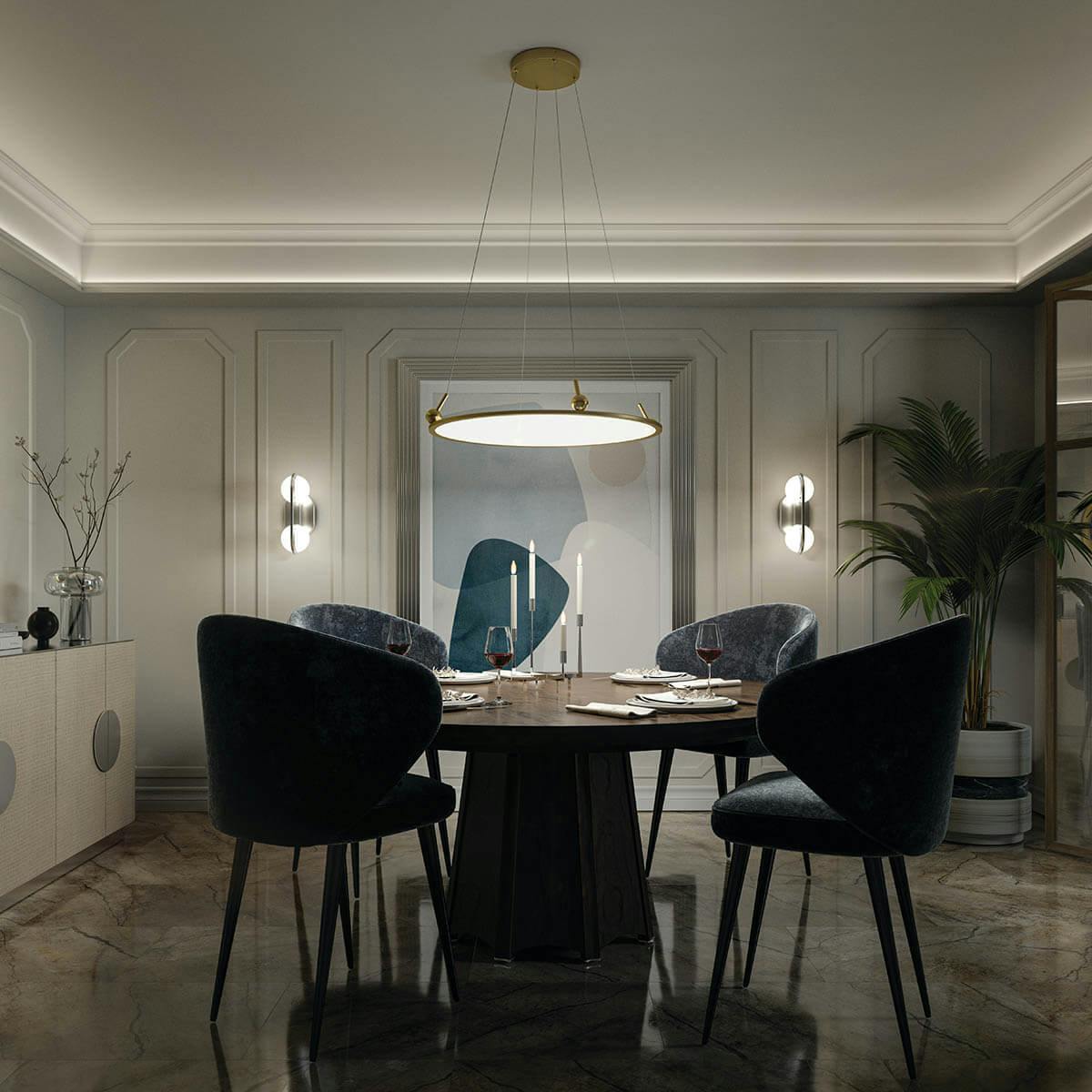 Night time dining room with Jovian 29.75" LED Pendant Champagne Gold