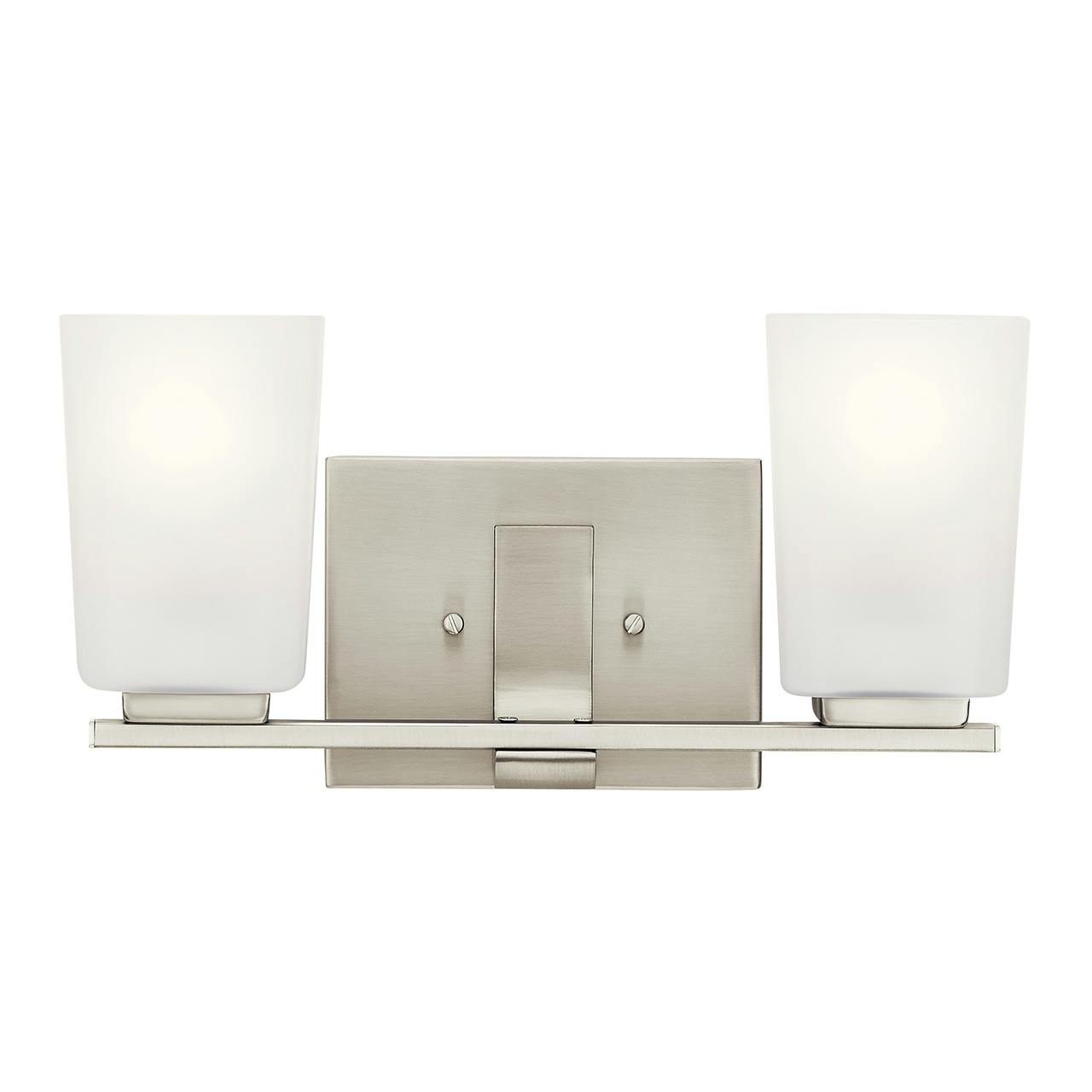The Roehm 2 Light Vanity Light Brushed Nickel facing up on a white background