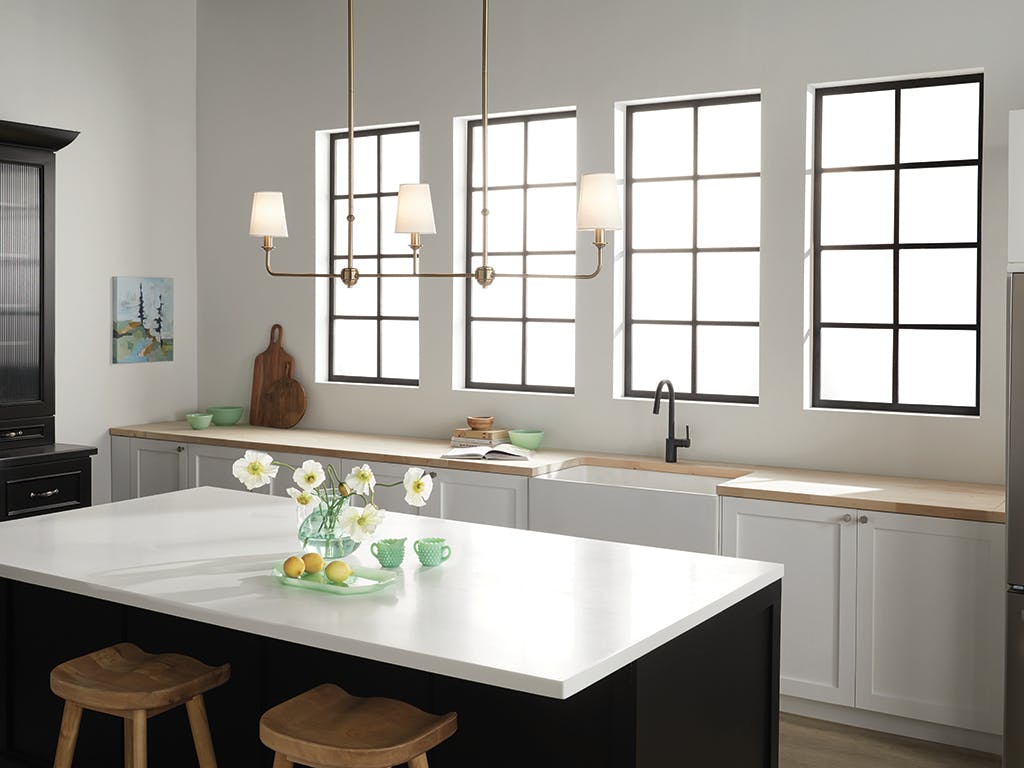 Day time kitchen with Pallas 48.25" 3 Light Linear Chandelier Brushed Natural Brass