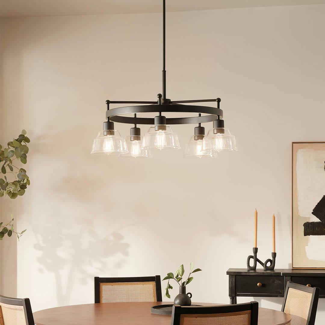 Day time dining room with Eastmont™ 5 Light Chandelier Black and Walnut Wood