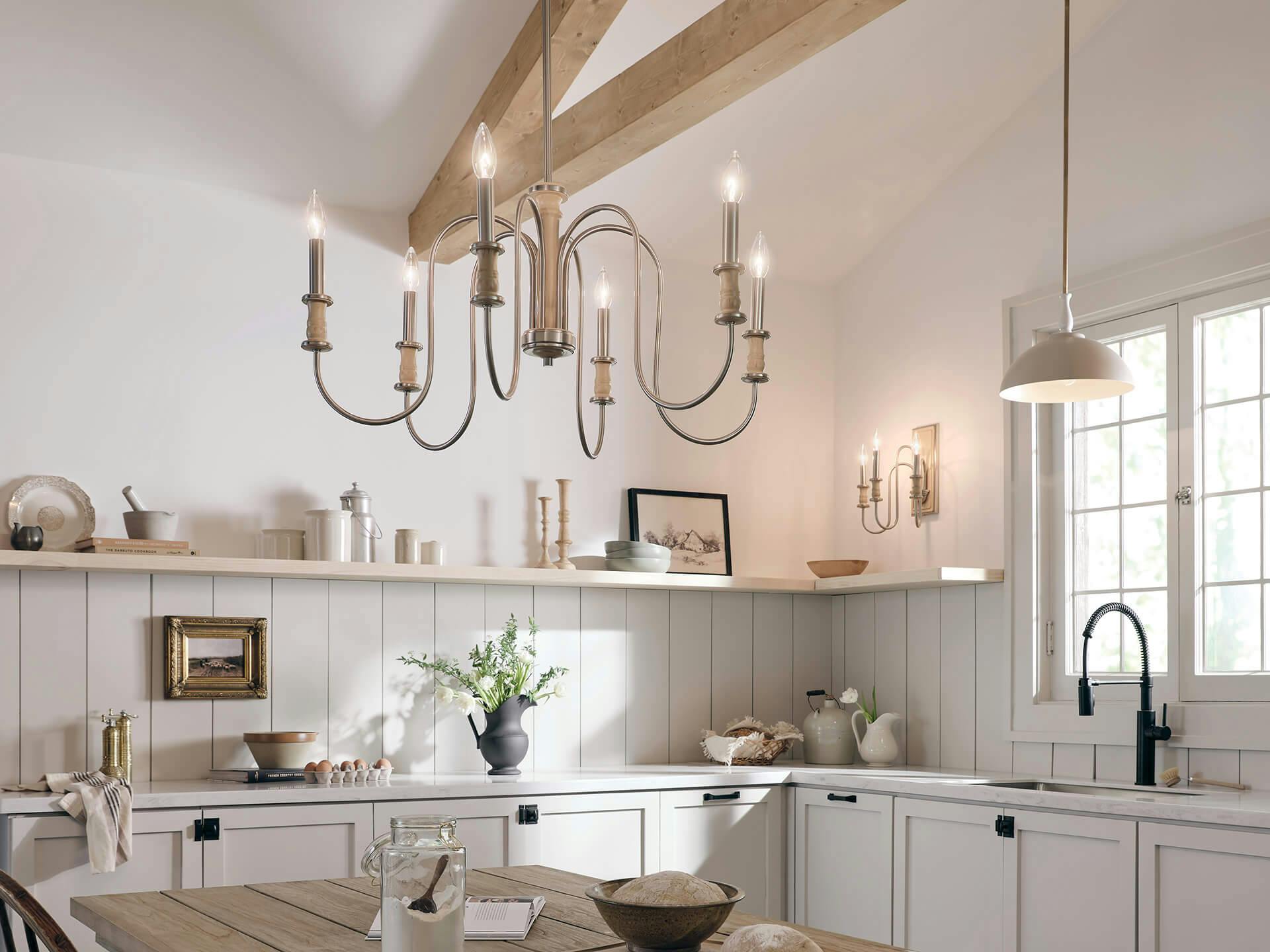 Daytime image of a rustic kitchen with Karthe chandelier