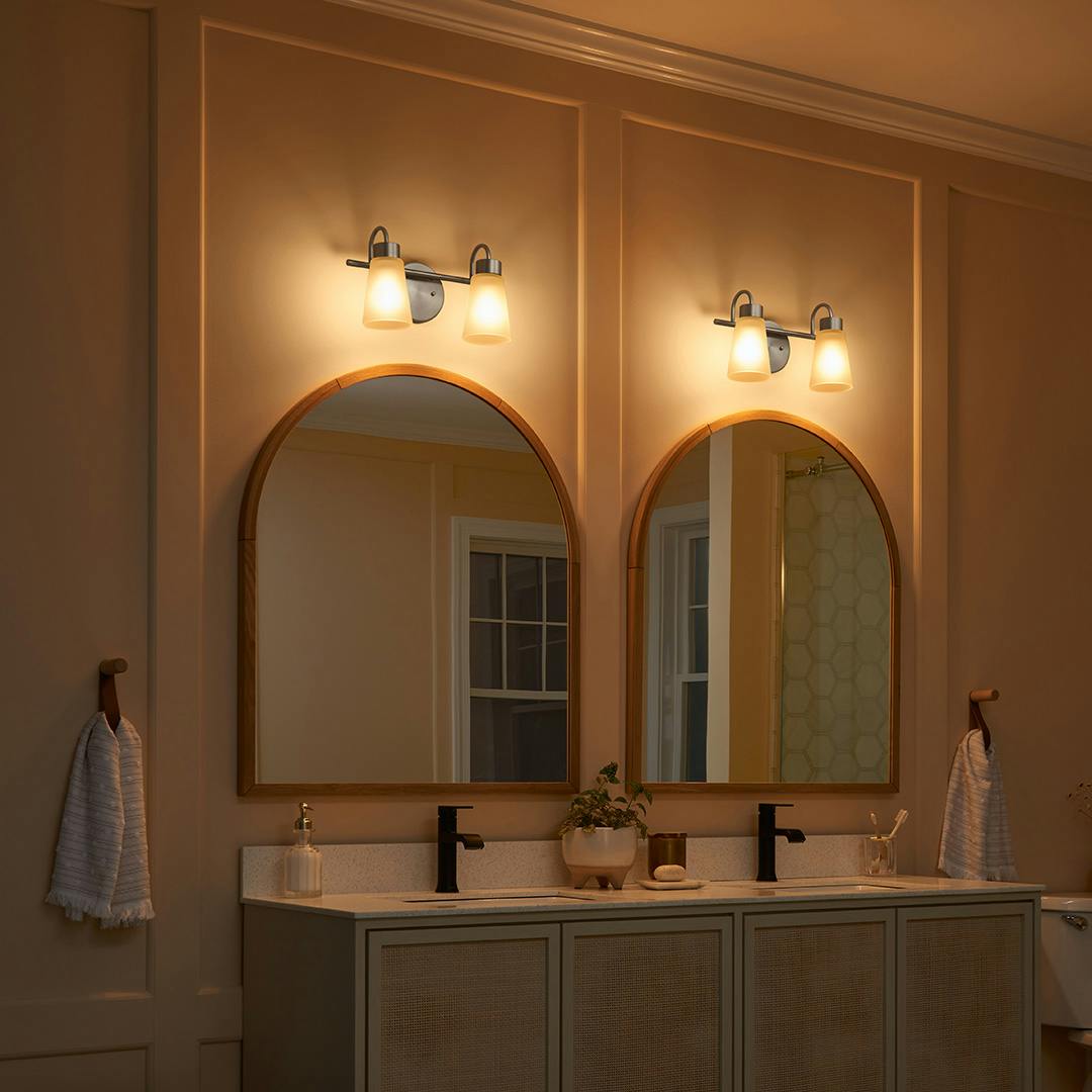 Night time Bathroom with Stamos 14" 2 Light Vanity Light Olde Bronze