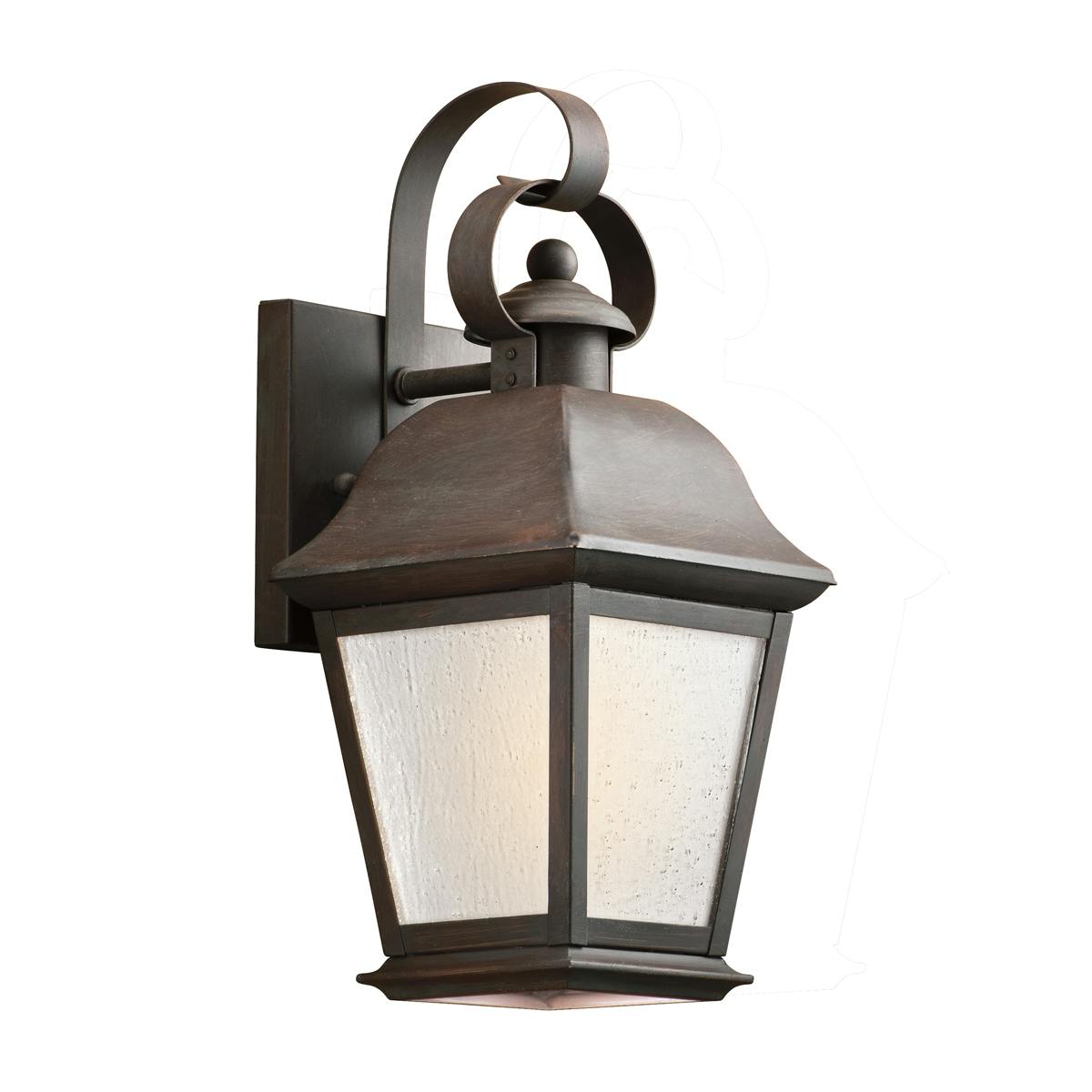 Rustic wall mounted outdoor light in medium bronze finish with textured glass