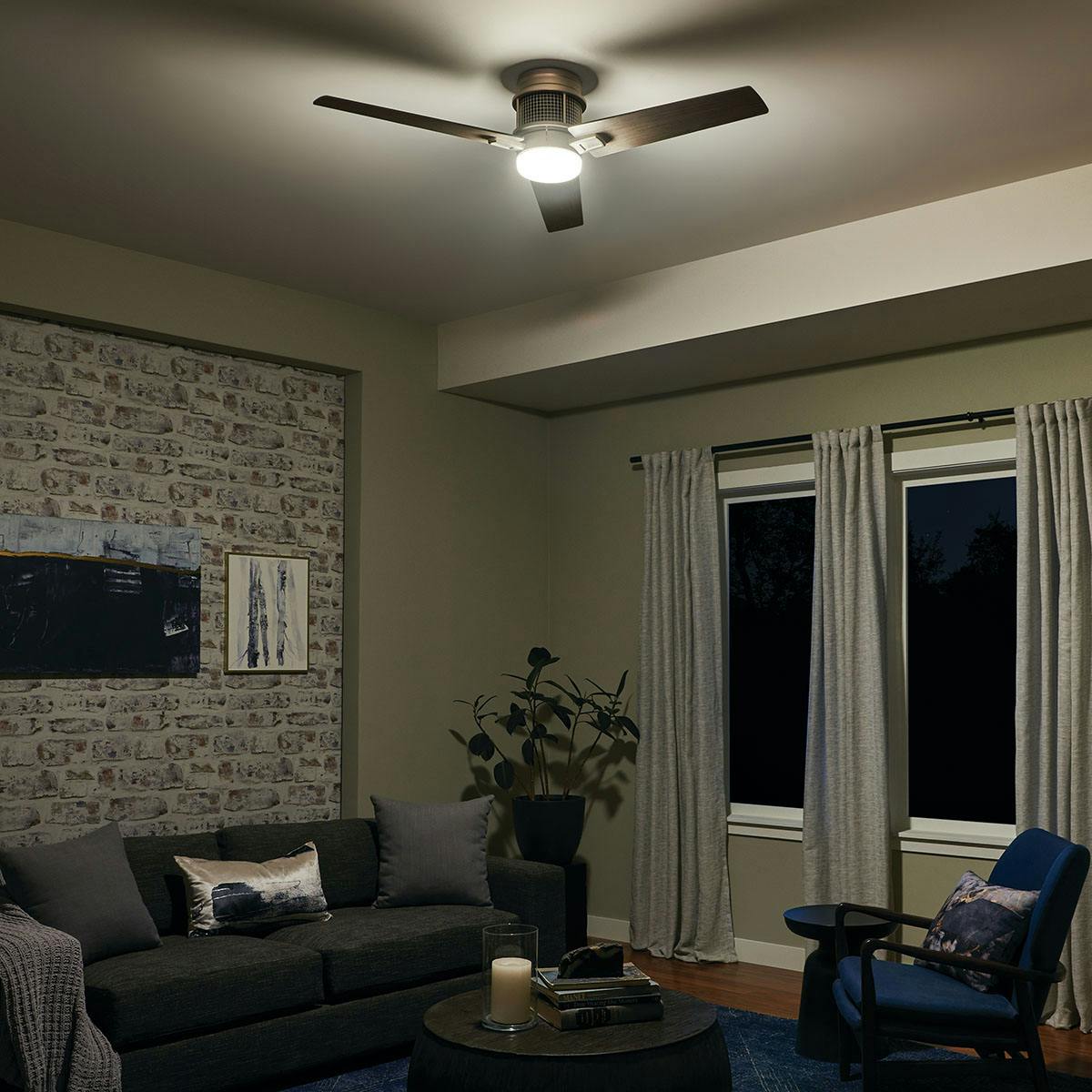 Night time living room image featuring Chiara ceiling fan 300352NI