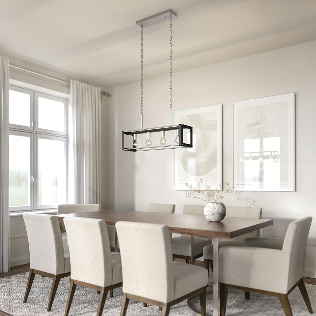Day time view of the Chatwin 30.6" 4 Light Linear Chandelier Brushed Nickel with Black accents