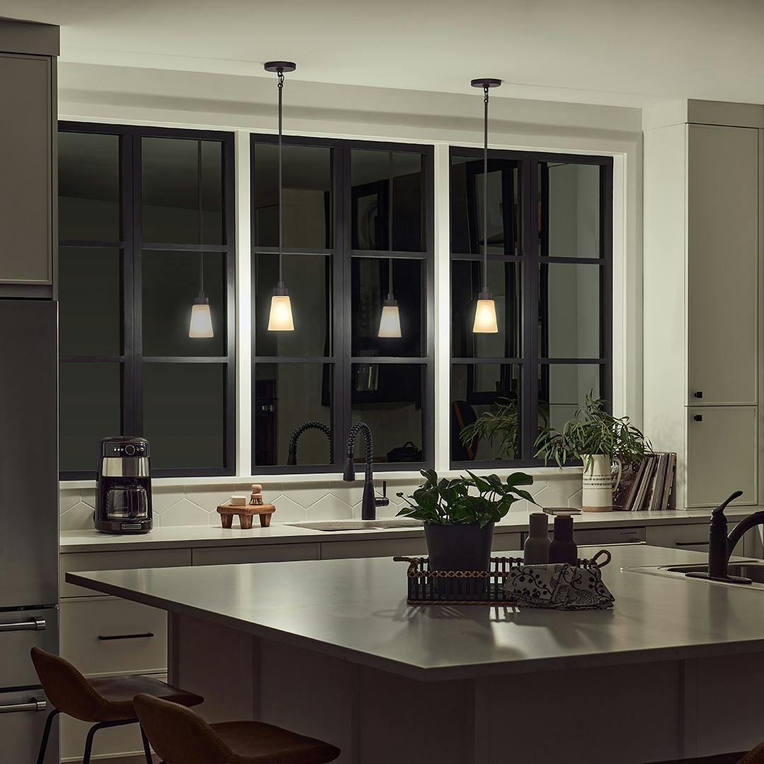 Night time Kitchen with Erma 4.25" 1 Light Mini Pendant Olde Bronze®