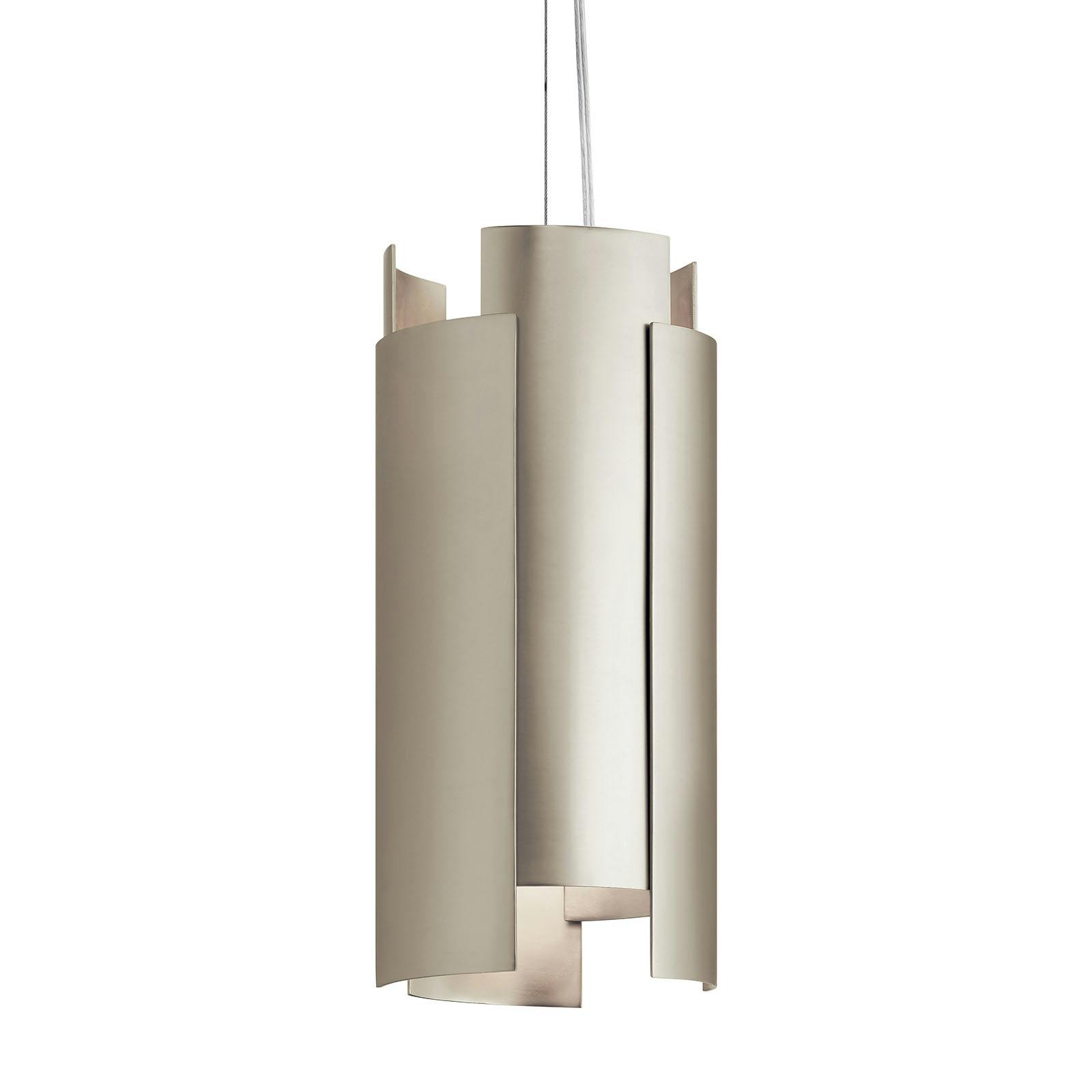Close up view of the Moderne LED Mini Pendant Satin Nickel on a white background