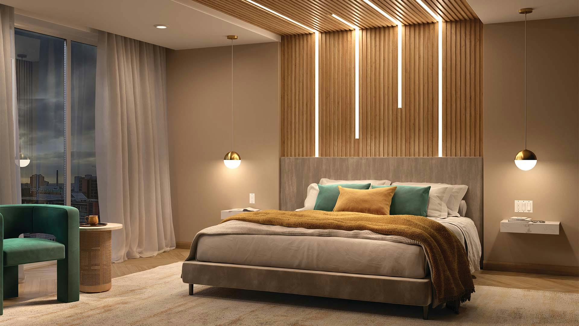 Bedroom at night with Channel lights embedded in the ceiling