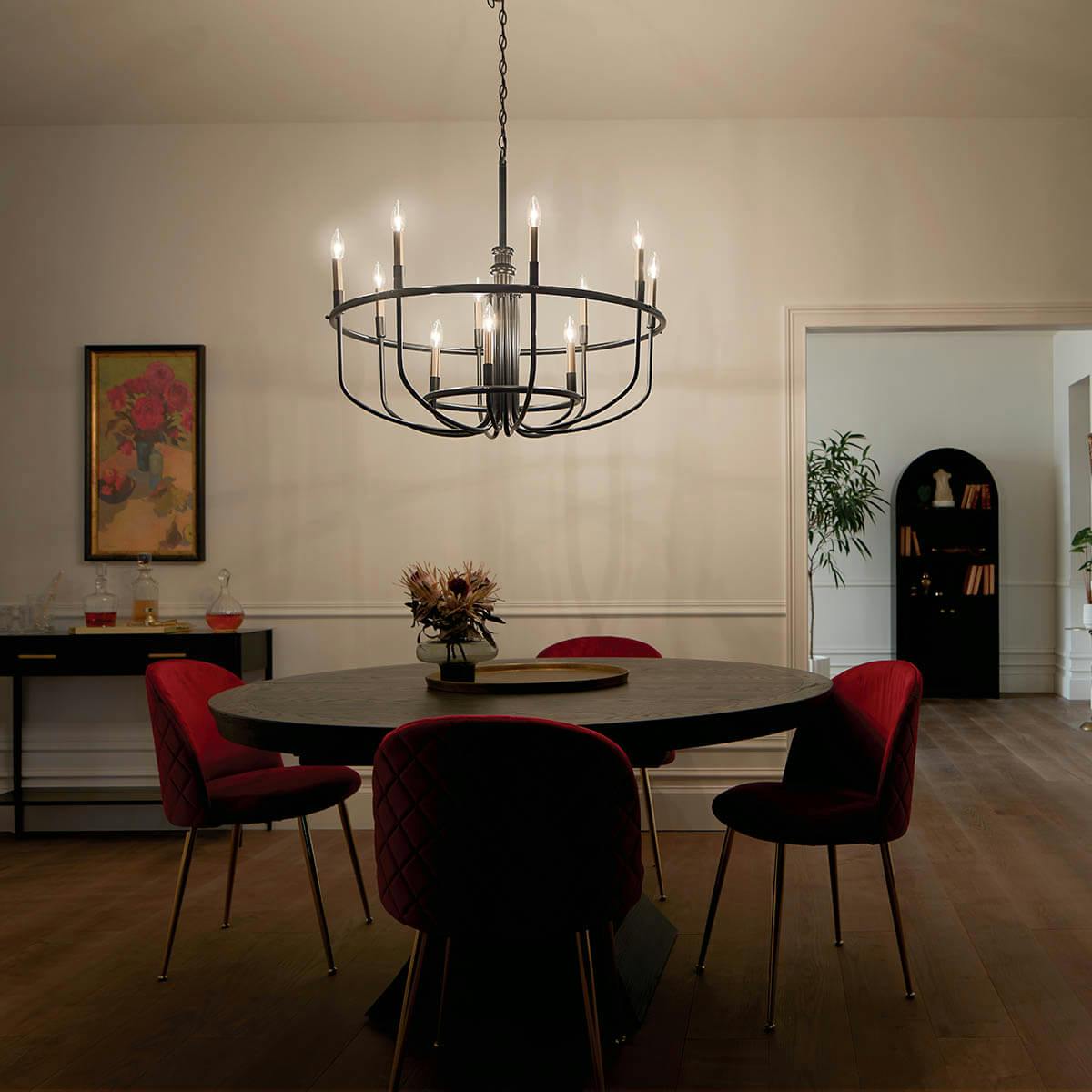 Night time dining room with Capitol Hill 12 Light Chandelier Black
