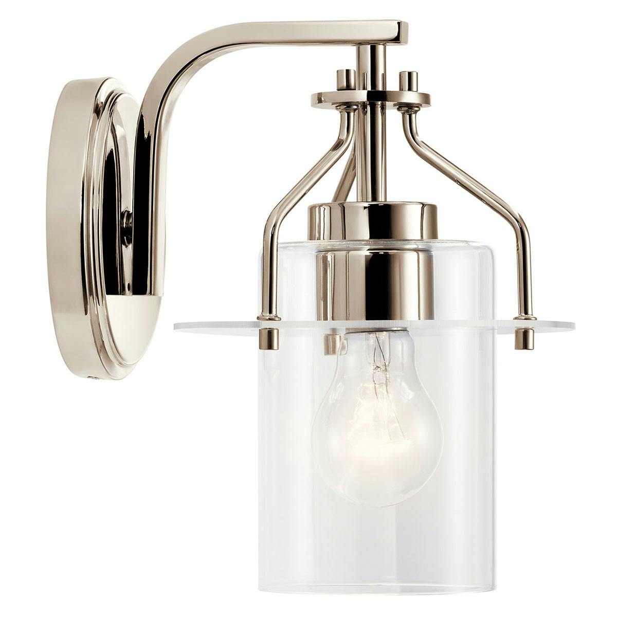 Profile view of the Everett 1 Light Sconce in Nickel on a white background