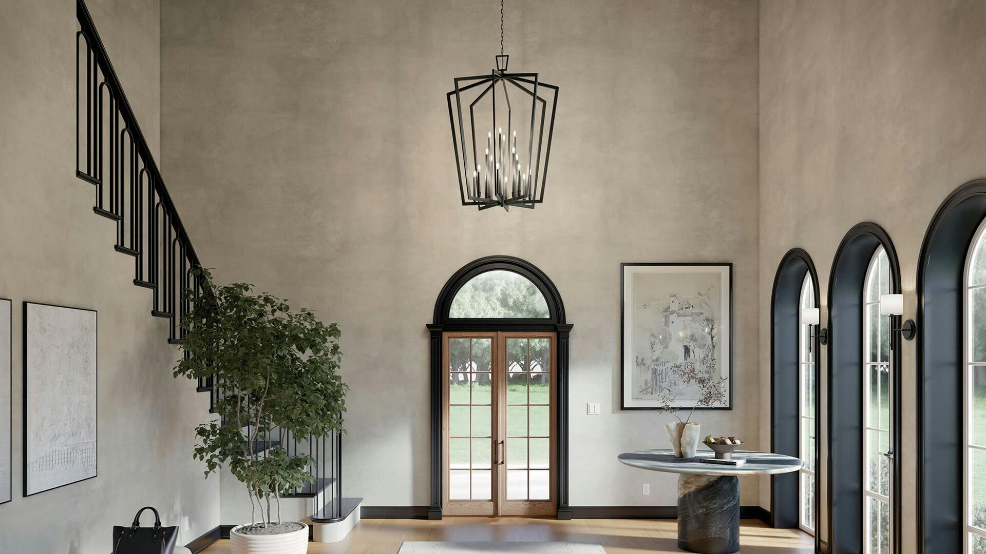 Abbotswell pendant hanging in a very tall and wide entry way