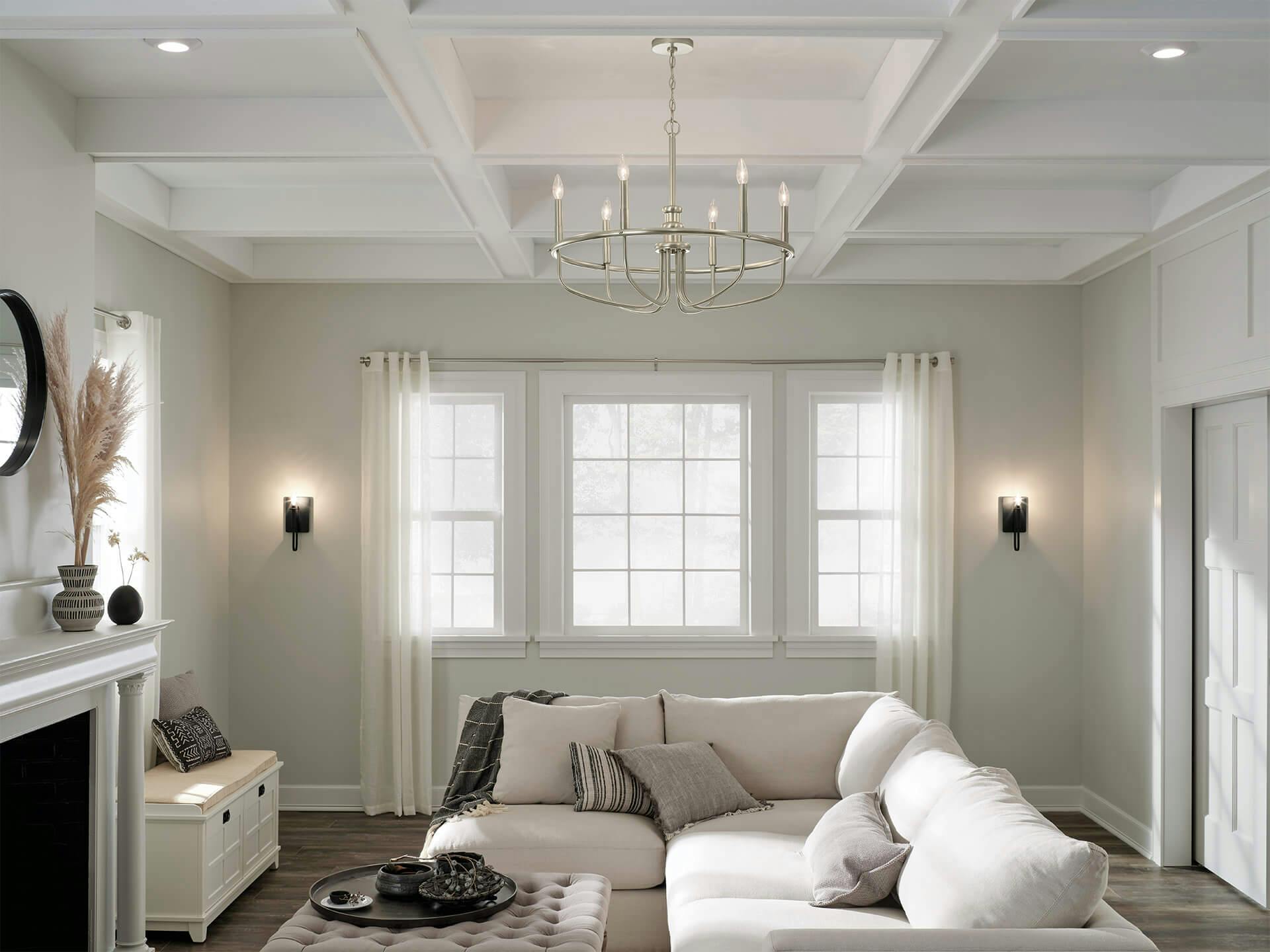 Living room in the daylight featuring Adlen chandelier lights