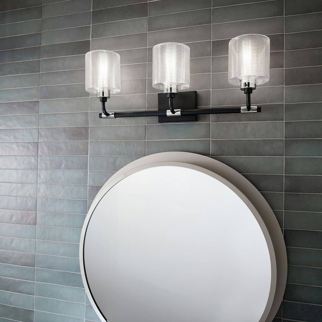 Day time Bathroom with Harvan™ 25" 3 Light Vanity Light with Clear Ribbed Glass Black 