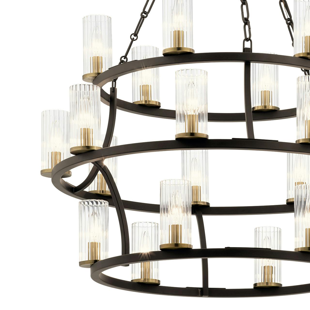 Close up view of the Mathias 21 Light 3 Tier Chandelier Bronze on a white background