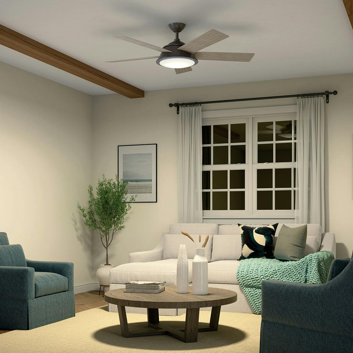 Night time living room image featuring Verdi ceiling fan 310100OZ