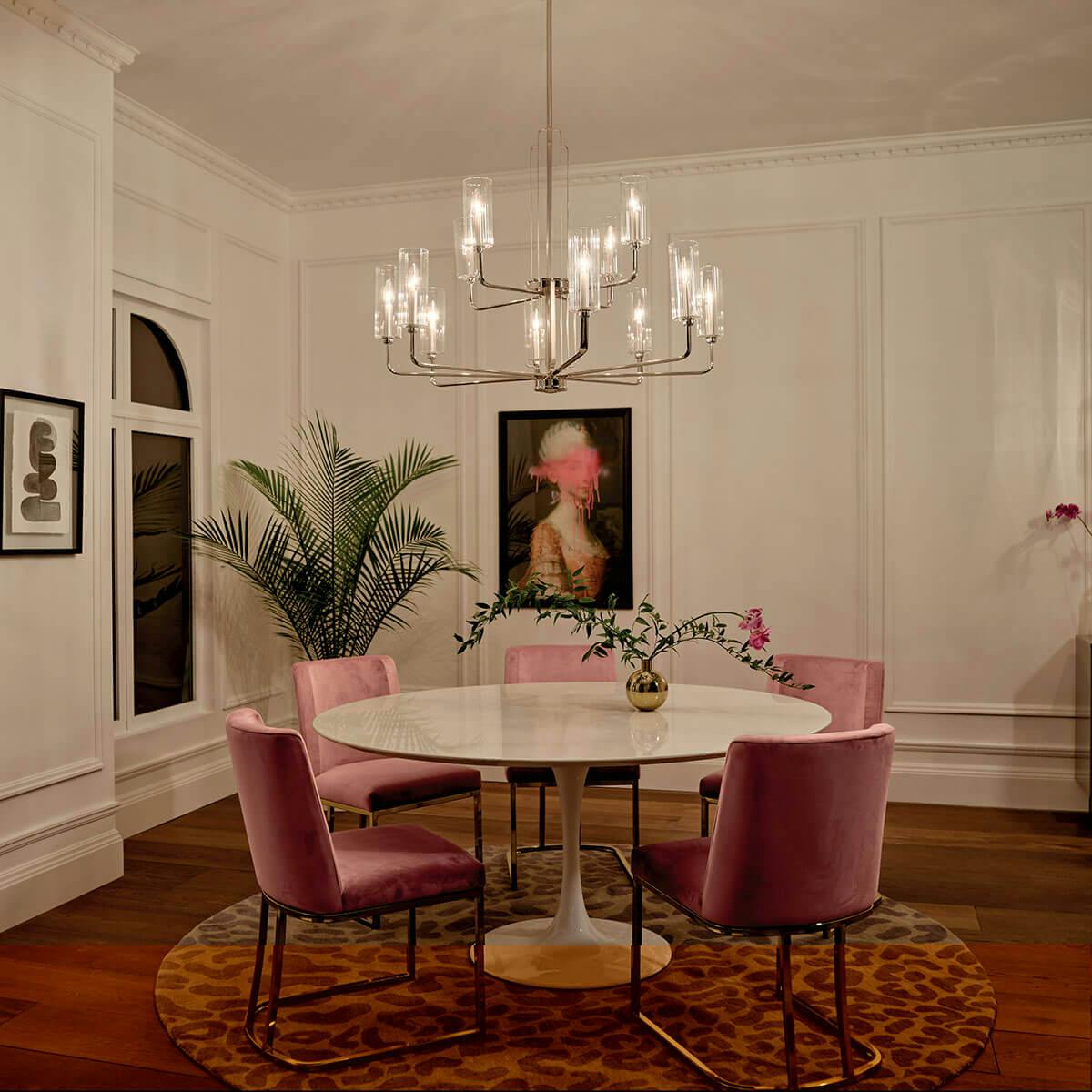 Night time dining room image featuring Kimrose chandelier 52412PN