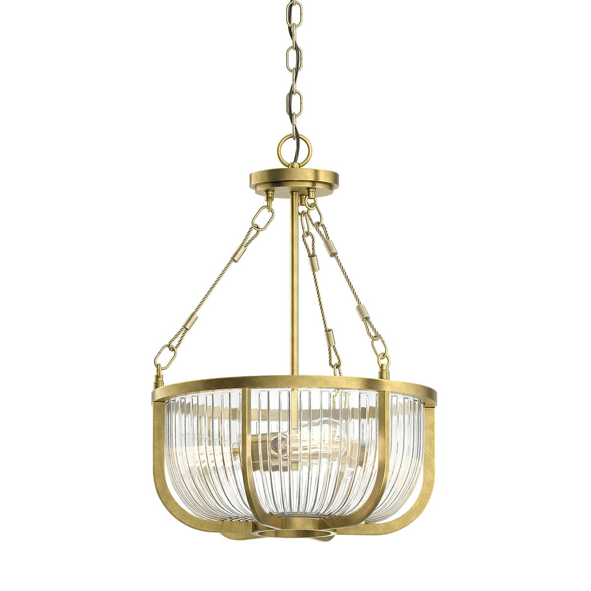 Close up view of the Roux 22.25" 3 Light Pendant Natural Brass on a white background