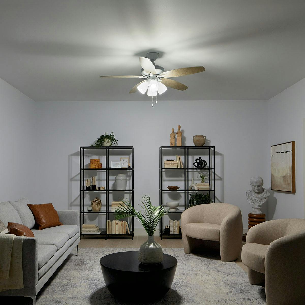 Night time living room featuring Renew ceiling fan 330162MWH