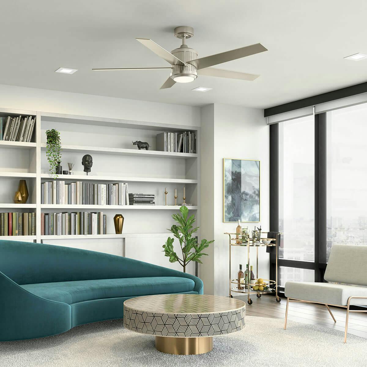 Day time living room image featuring Maeve ceiling fan 300044BSS
