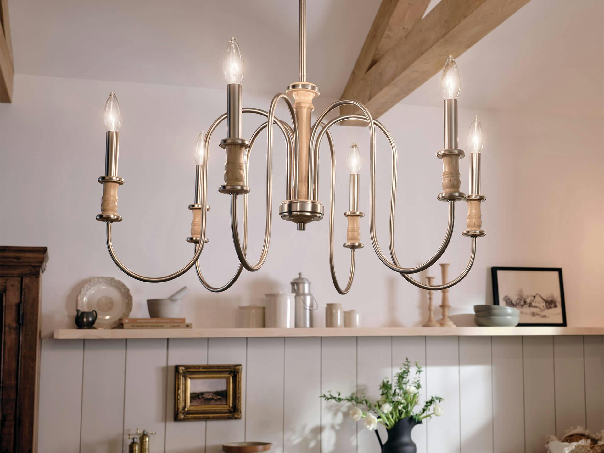 6 Light Karthe chandelier in a kitchen on in the daytime
