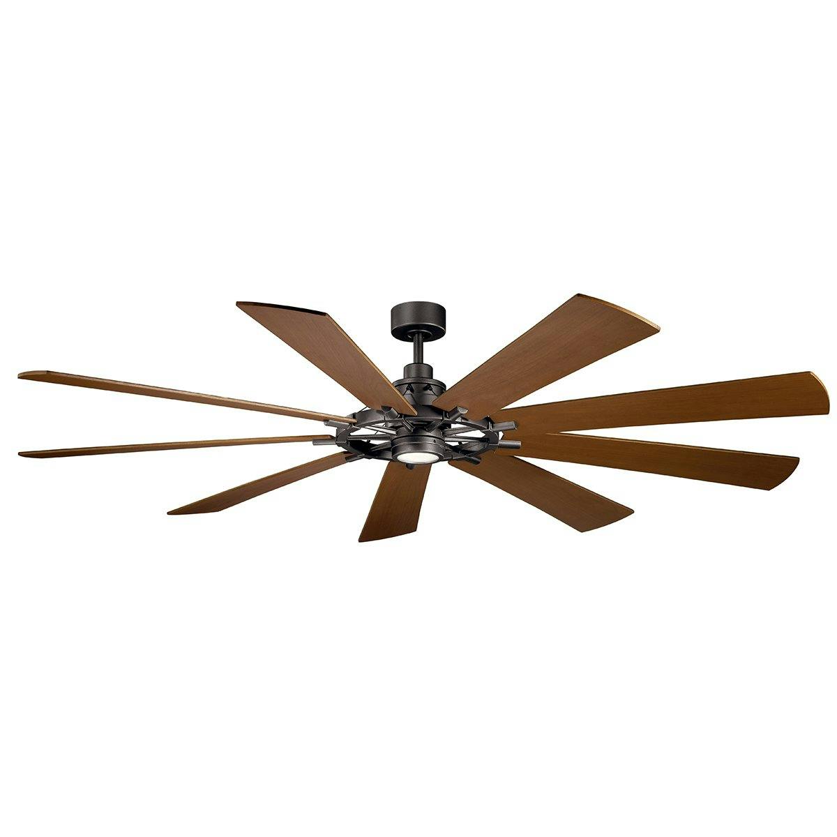 Gentry LED 85" 9 Blade Fan in Anvil Iron on a white background