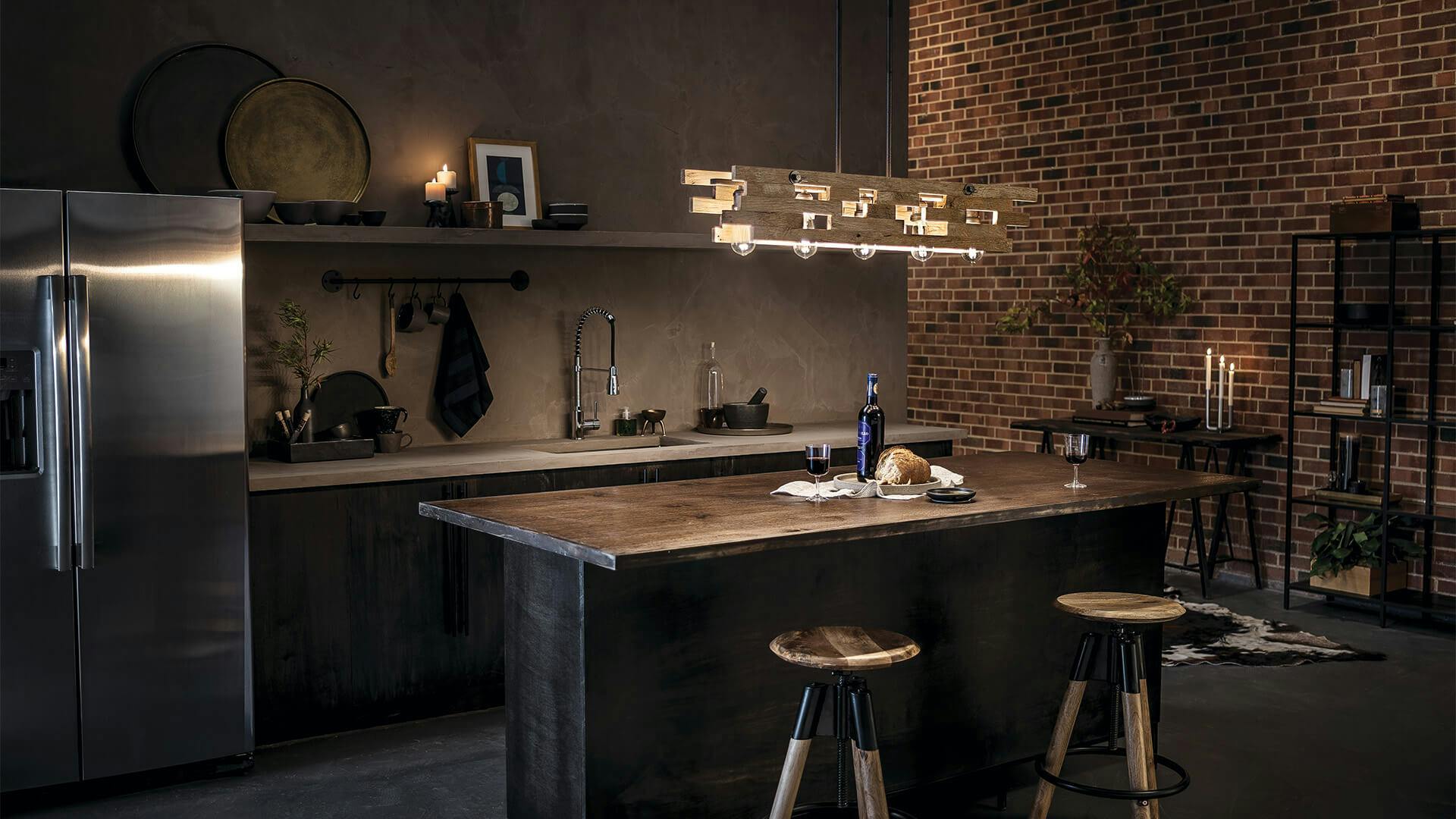 Indoor kitchen bar, industrial style with warm lights.