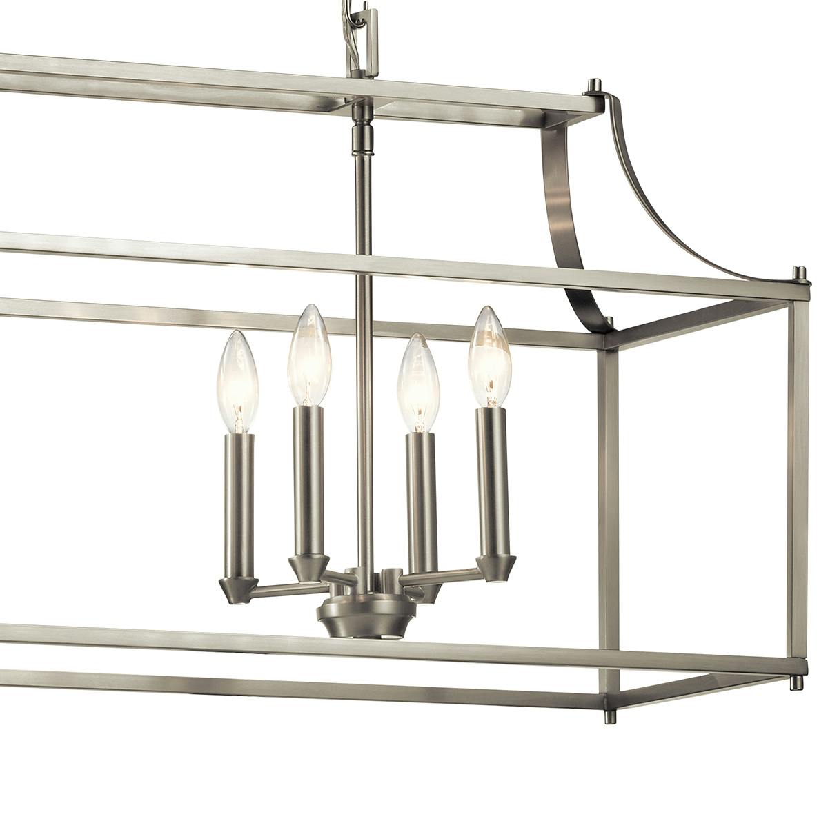 Close up view of the Morrigan 8 Light Linear Chandelier Nickel on a white background