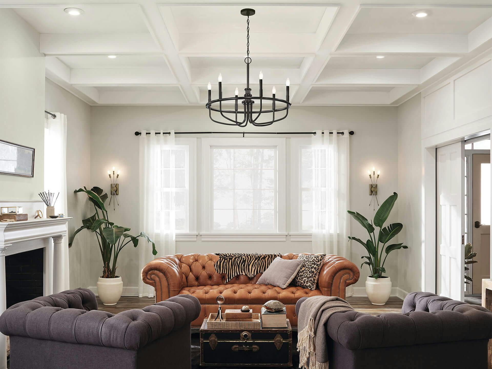 Living room with Doncaster chandelier in center