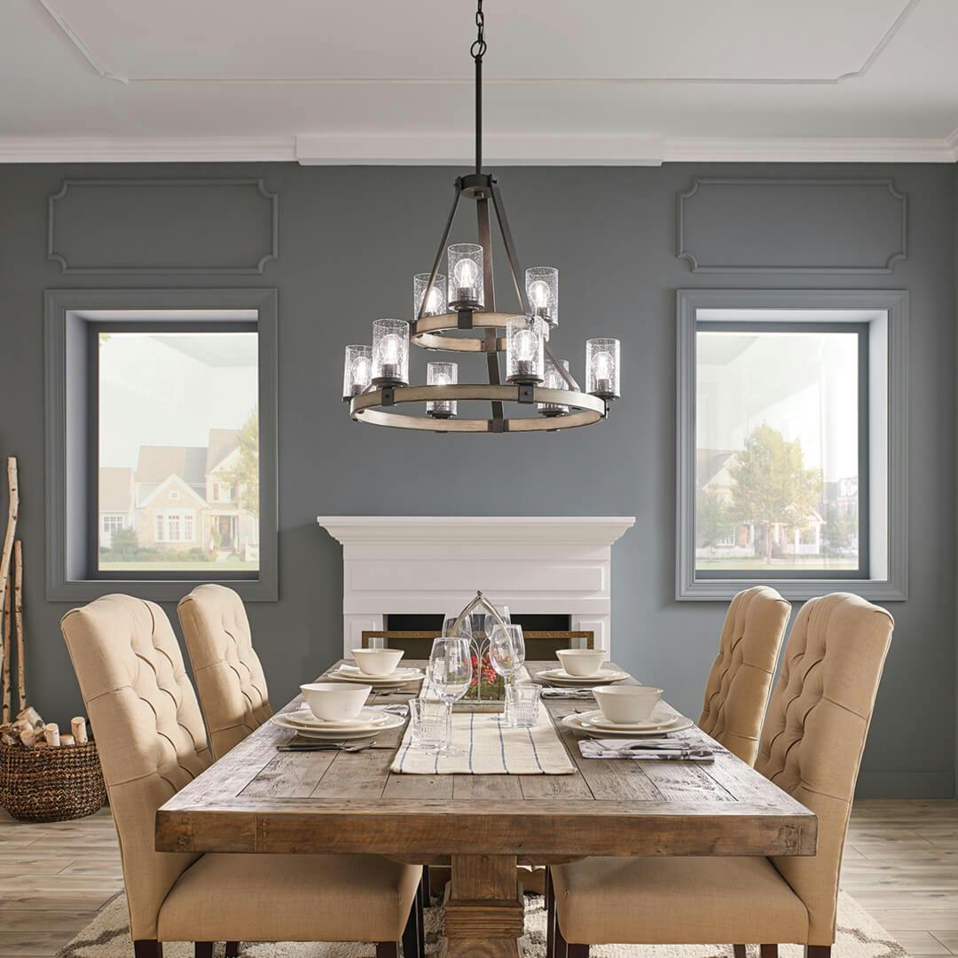 Dining room with the Canopy for the Barrington 2 Tier Chandelier in Anvil Iron