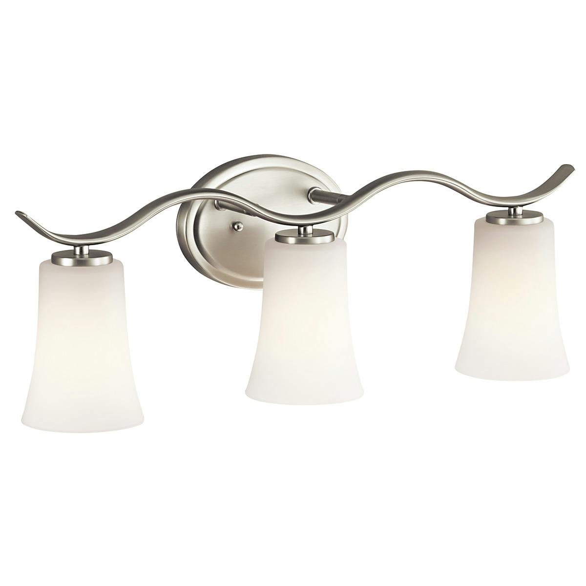 The Armida 3 Light Vanity Light in Nickel facing down on a white background