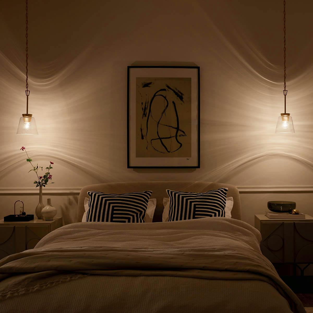 Night time bedroom with Zandi 7.6" 1 Light Mini Pendant Classic Gold