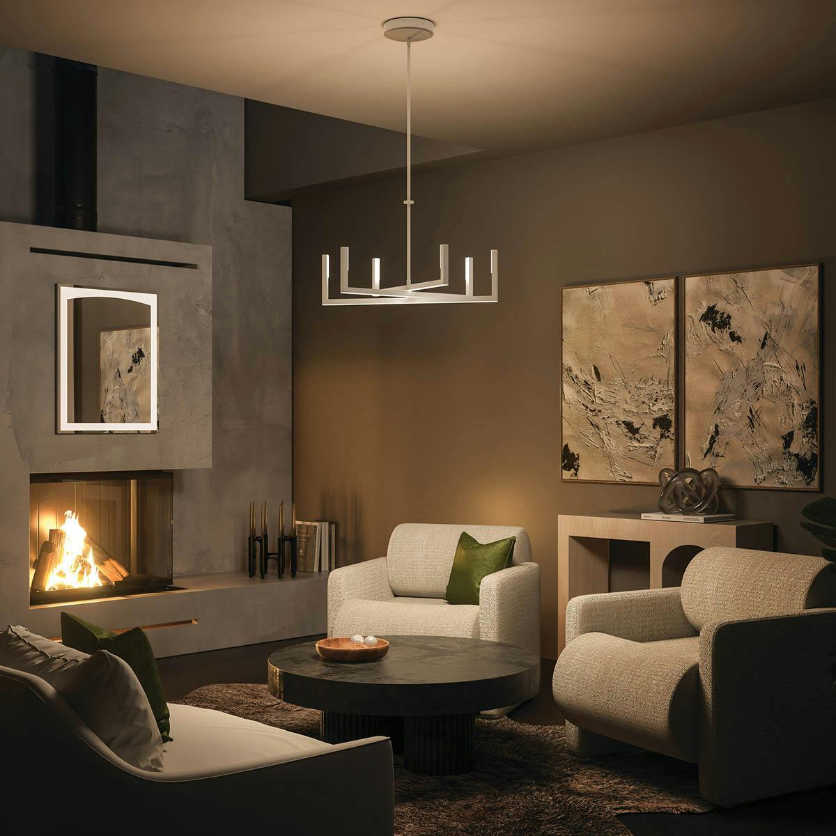 Night time living room with Priam LED Chandelier in White
