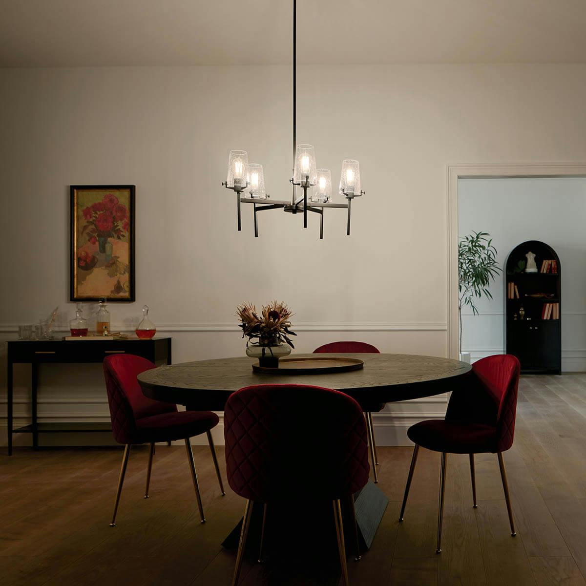 Night time dining room with Alton chandelier in black