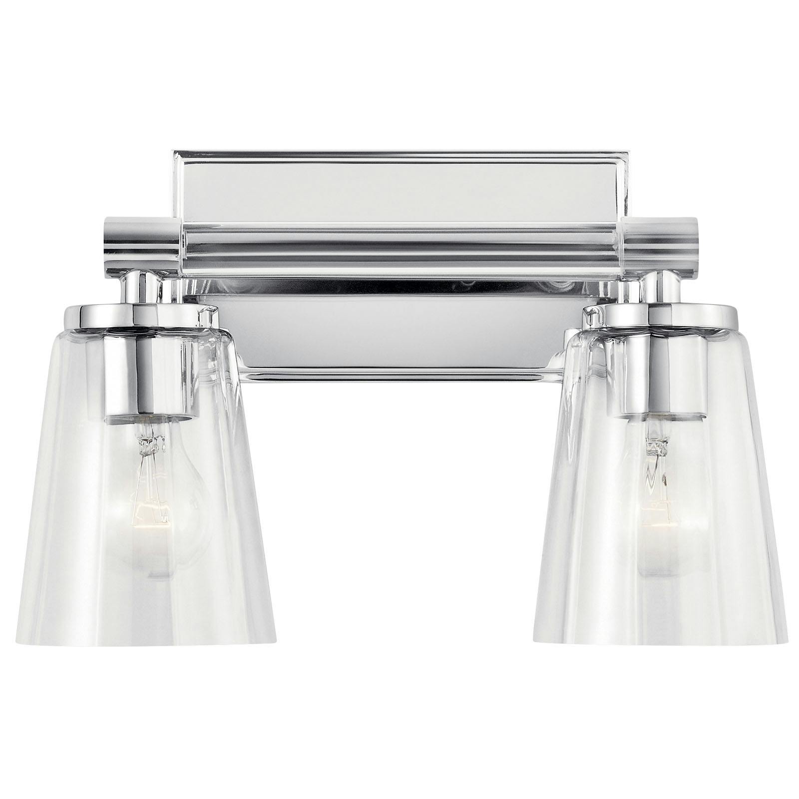 The Audrea™ 2 Light Vanity Light Chrome facing down on a white background