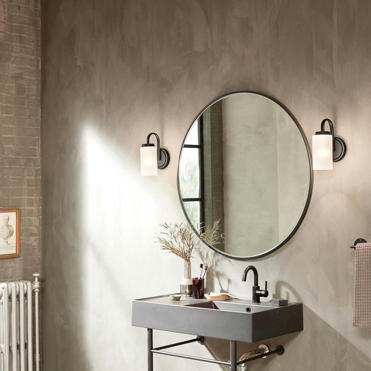 Day time bathroom with Kennewick 1 light vanity light in black