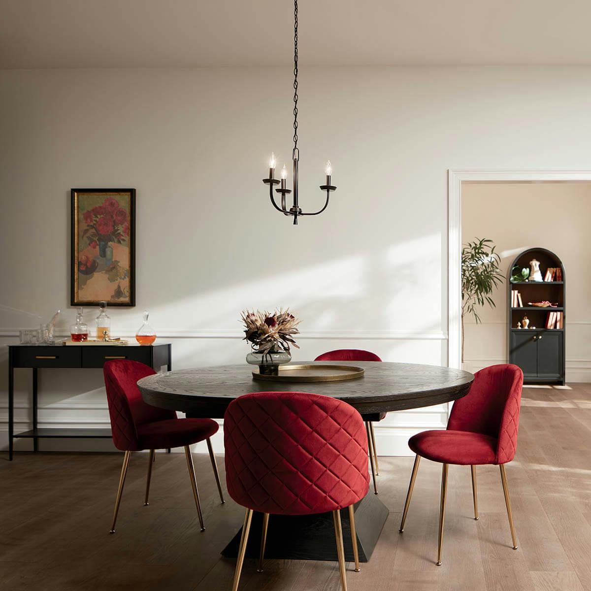 Day time dining room with Kennewick™ 3 Light Chandelier Black
