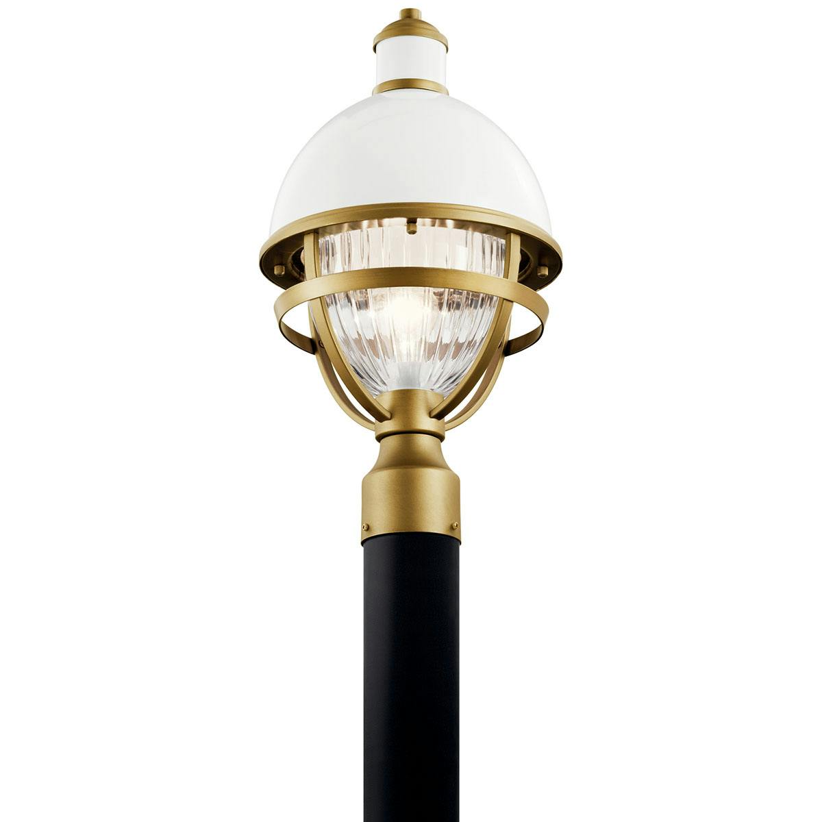 Profile view of the Tollis 1 Light Post Light White and Brass on a white background