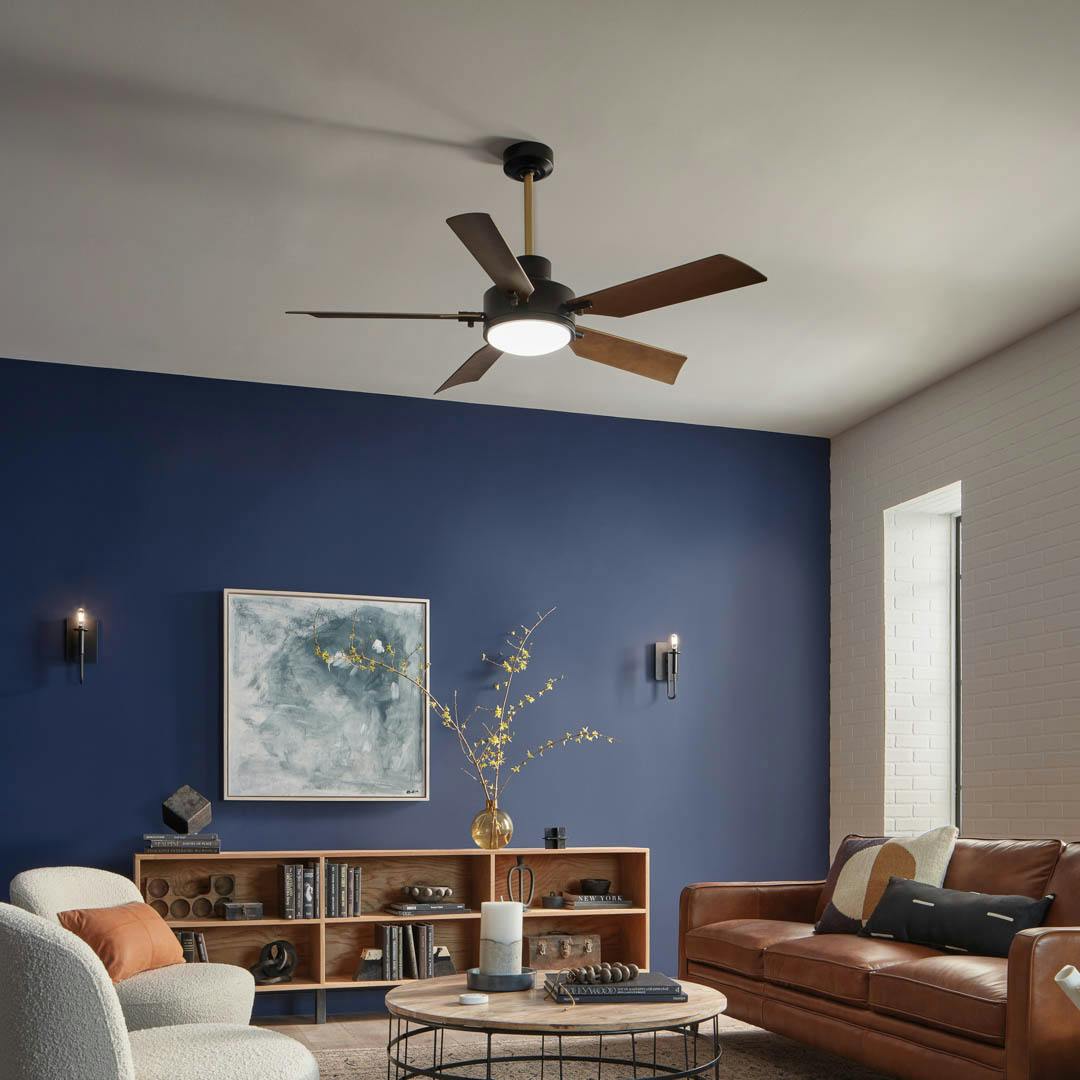 Day time living room with 56" Guardian 5 Blade LED Indoor Ceiling Fan Satin Black