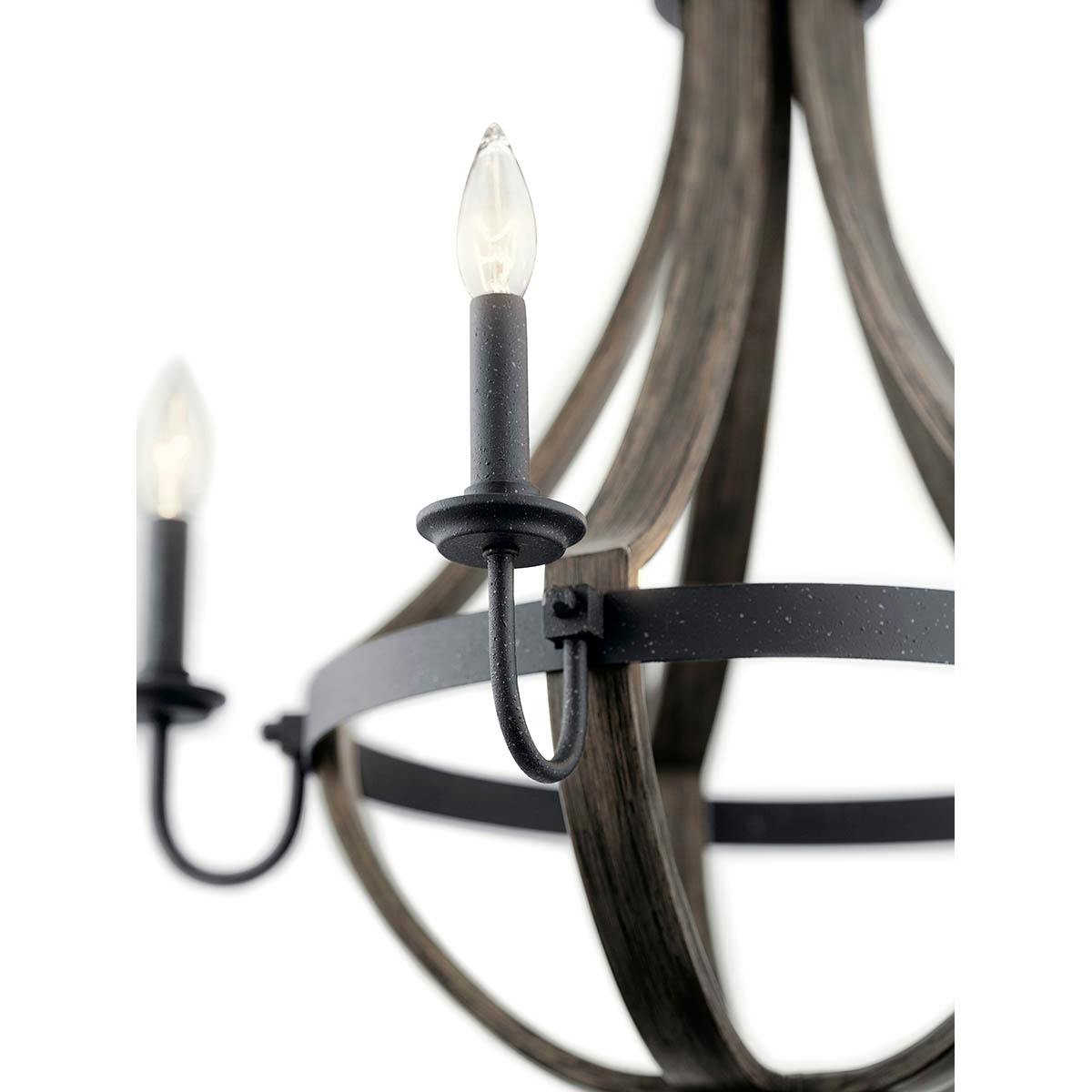 Close up view of the Merlot 25" Wine Barrel Chandelier Black on a white background