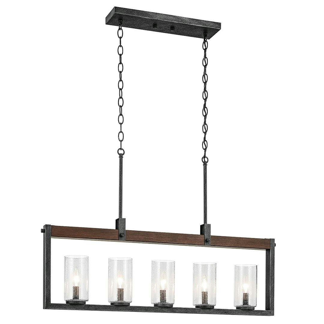 The Barrington 5 Light Linear Chandelier in Distressed Black and Auburn Wood Tone on a white background