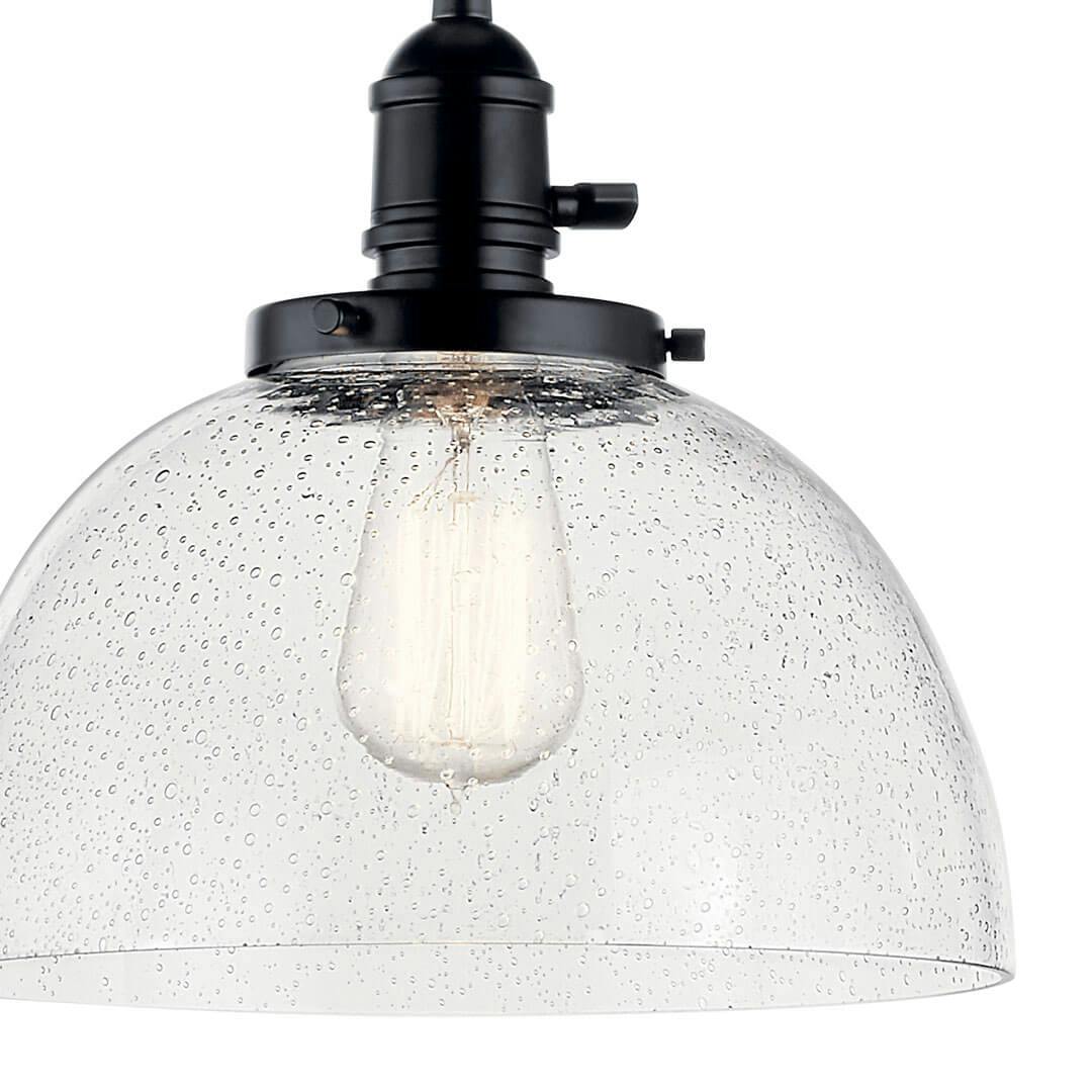Close up of the Avery 9.5 Inch 1 Light Goblet Mini Pendant with Clear Seeded Glass in Black on a white background