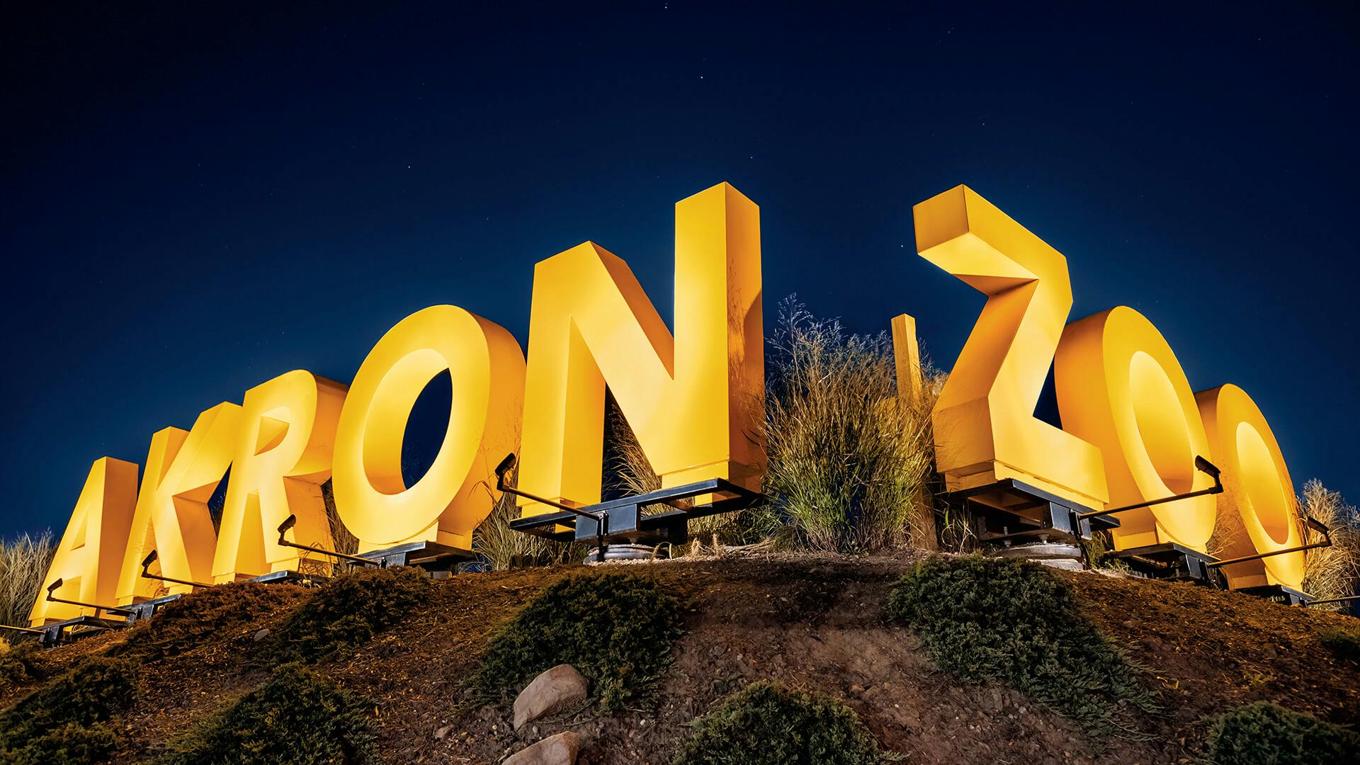 Akron Zoo outdoor sign made up of large yellow letters with uplighting on each letter at night