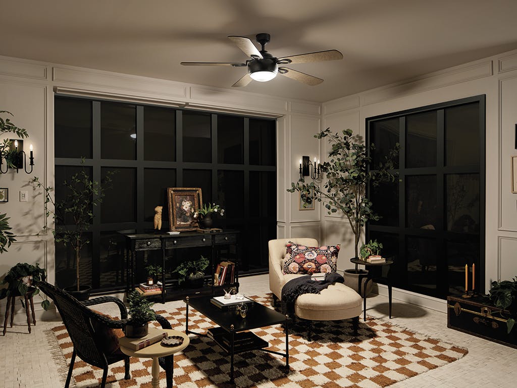 Living room at night with the 60" Humble Ceiling Fan Anvil Iron