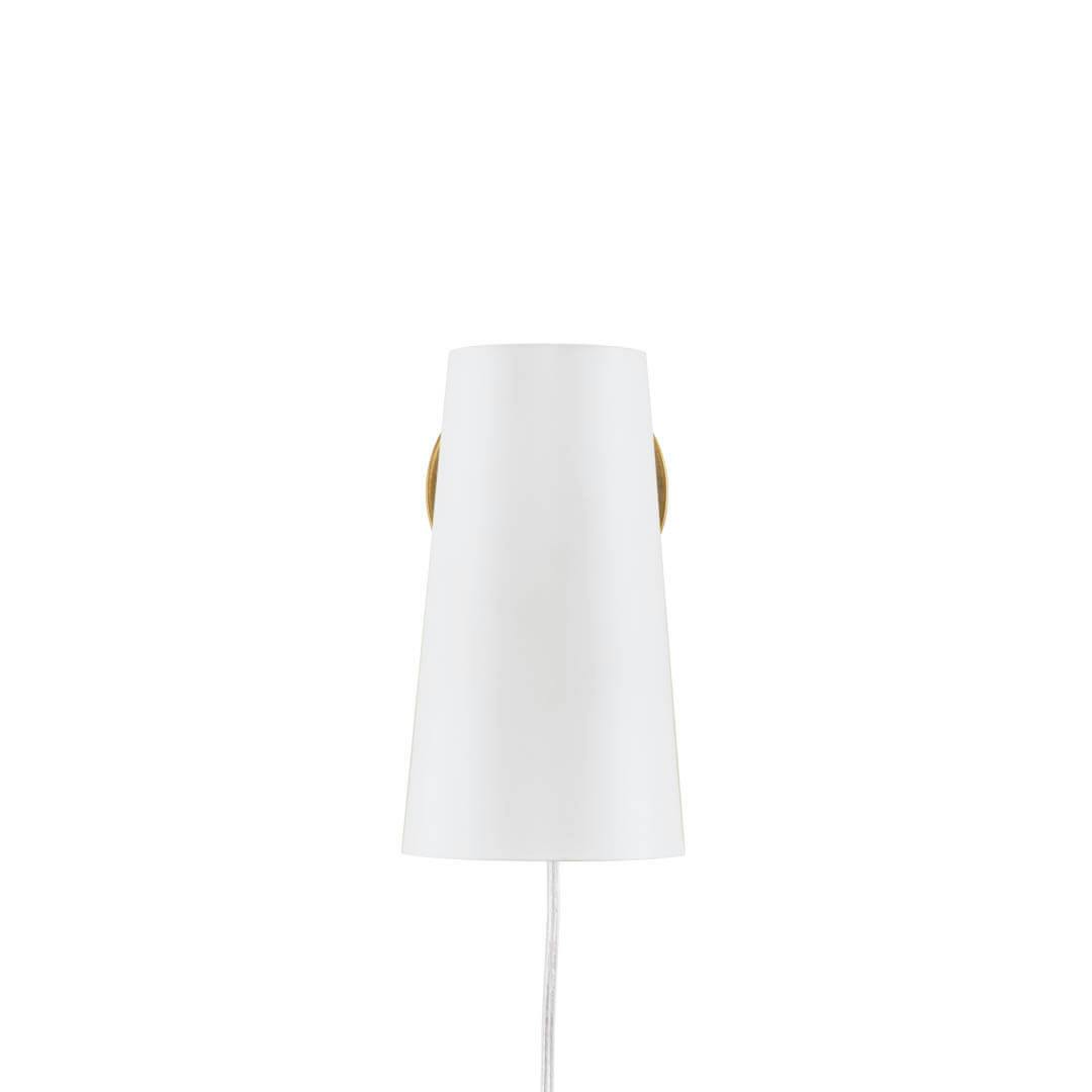 Front view of the Salema 9 Inch 1 Light  Plug-In Wall Sconce in Natural Brass and Whiteon a white background
