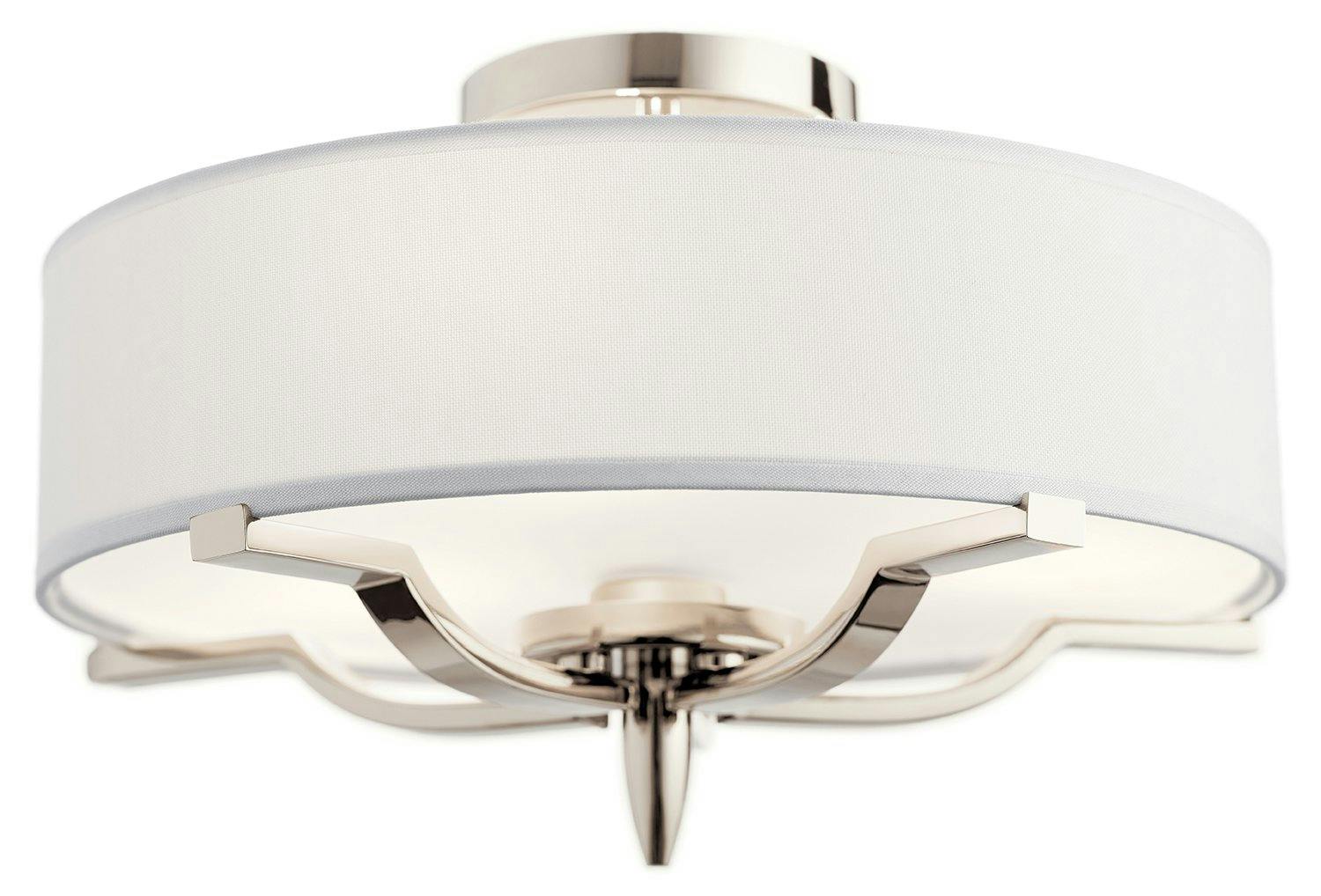 Close up view of the Kinsey 3 Light Flush Mount Nickel on a white background
