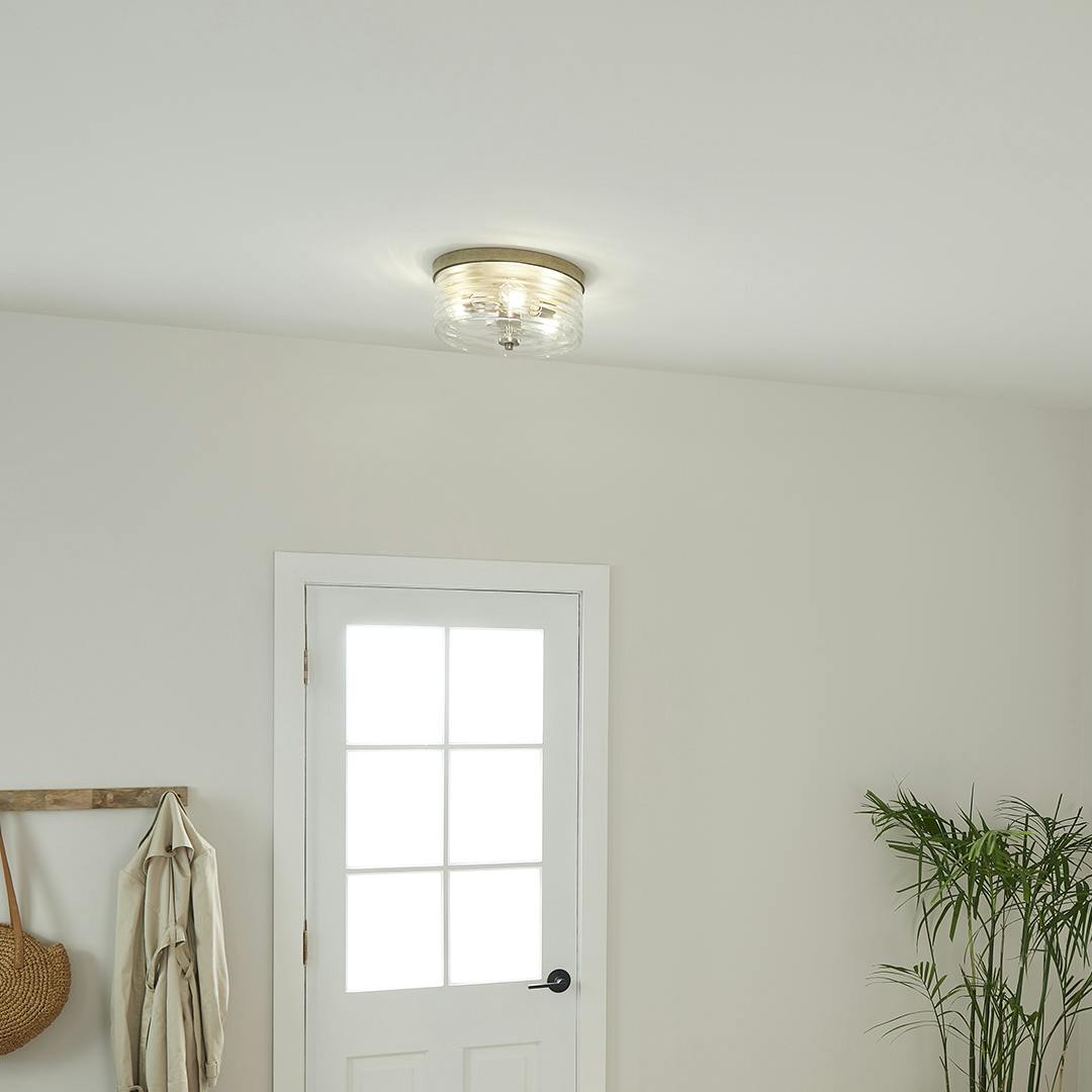 Maritime 3 Light Flush Mount in Brushed Nickel and Distressed Antique Gray with Ribbed Glass on a white background