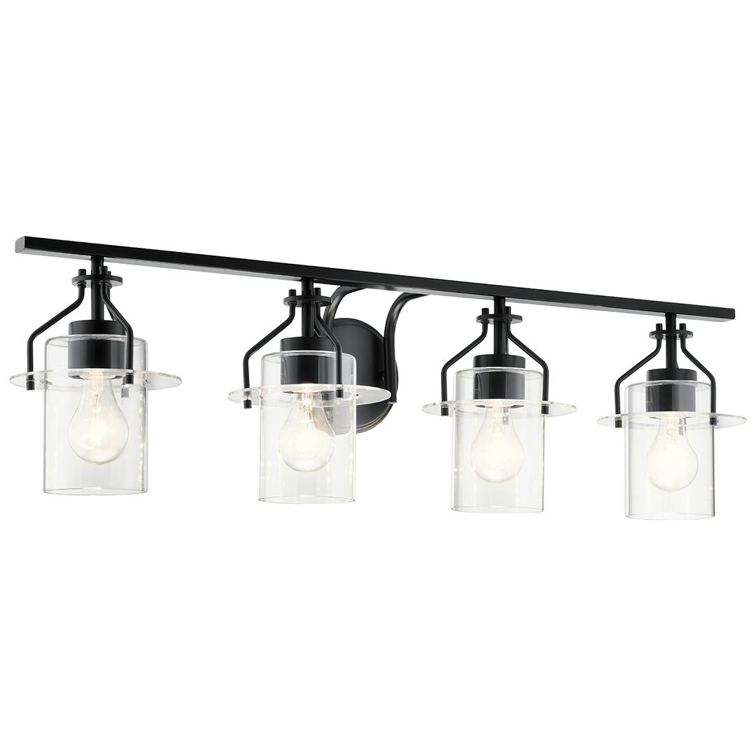 Everett 34.25 Inch 4 Light Vanity Light with Clear Glass in Black on a white background